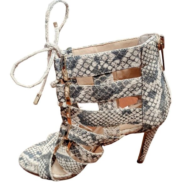 Vince Camuto Snakeskin Print Gladiator Heels With Zipper, 6.5M, Black/White/Tan - Picture 7 of 12